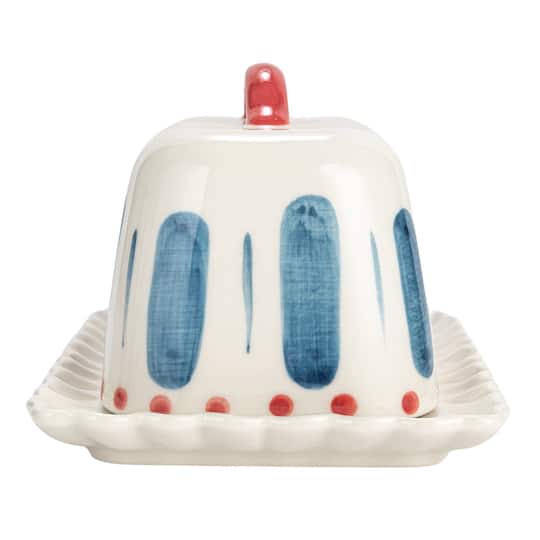 Hello Honey® 6.75" White, Red & Blue Hand-Painted Stoneware Butter Dish